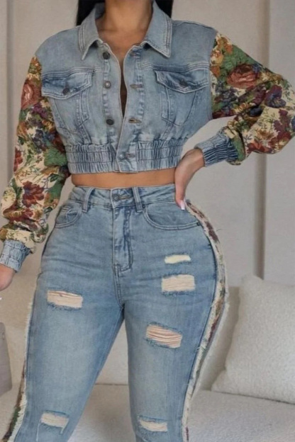 Women‘s Vintage Denim Patchwork Jacket + Slim Fit Jeans Sets