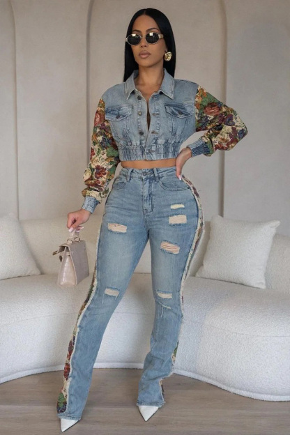 Women‘s Vintage Denim Patchwork Jacket + Slim Fit Jeans Sets