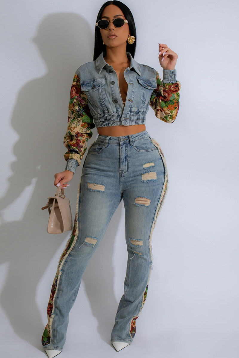 Women‘s Vintage Denim Patchwork Jacket + Slim Fit Jeans Sets