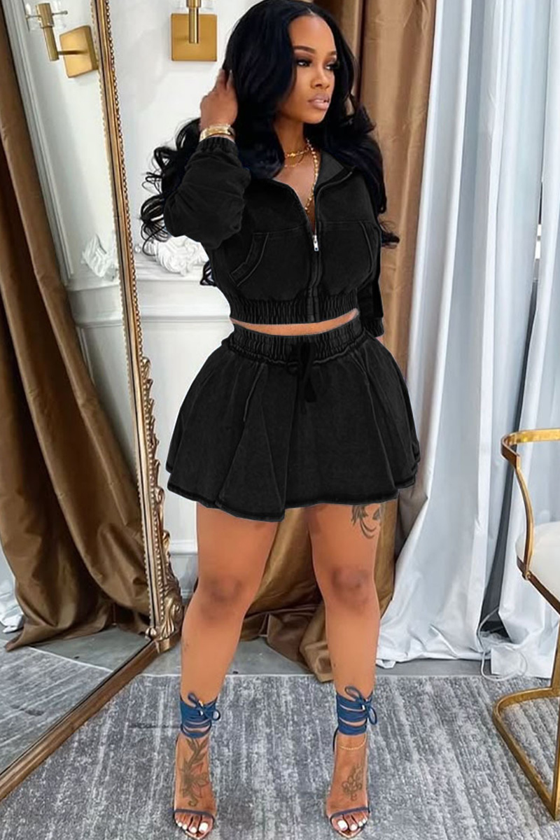 Women's Faded Blue Denim Two Piece Outfit Sets