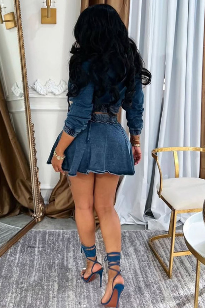 Women's Faded Blue Denim Two Piece Outfit Sets