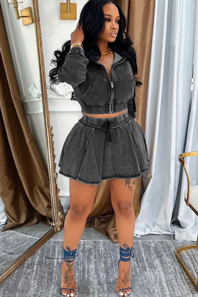 Women's Faded Blue Denim Two Piece Outfit Sets