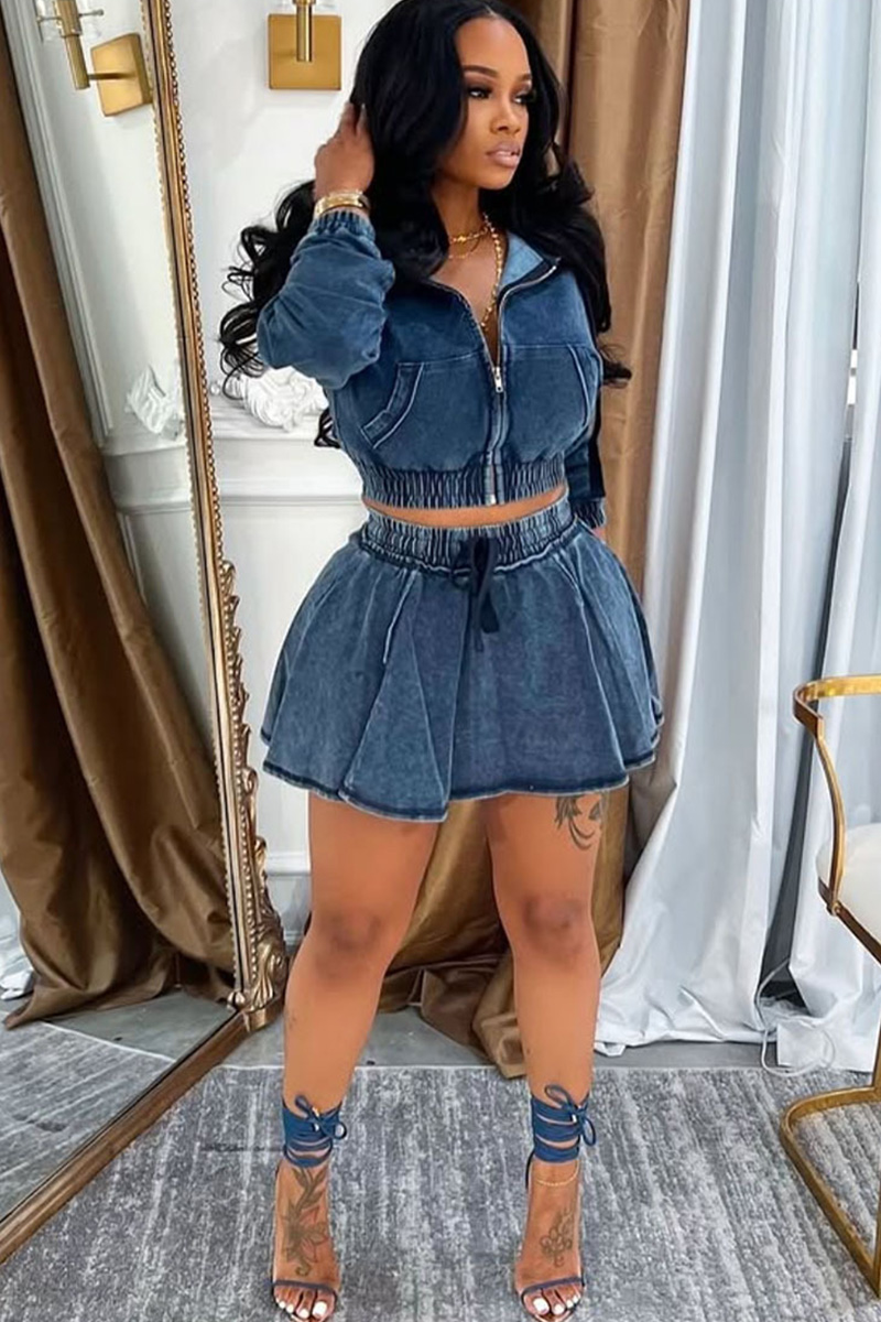 Women's Faded Blue Denim Two Piece Outfit Sets