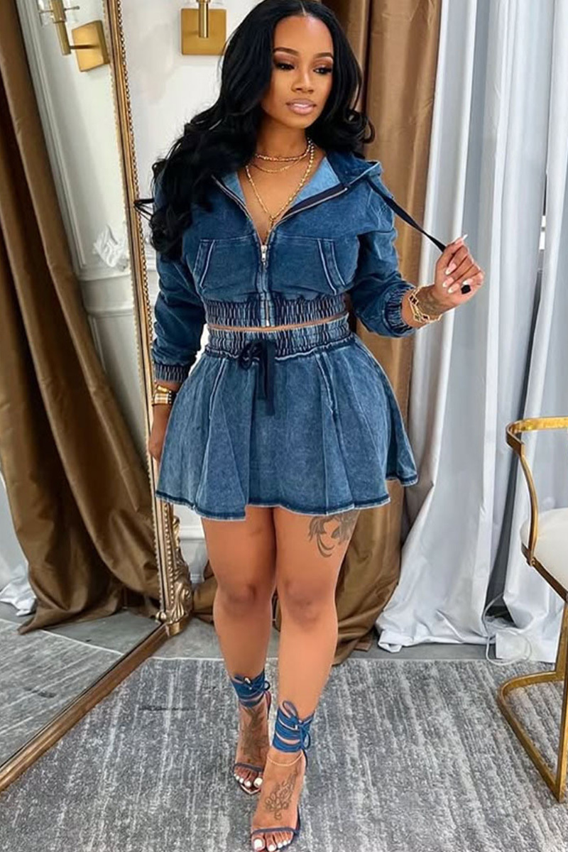 Women's Faded Blue Denim Two Piece Outfit Sets