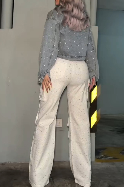 Women's Dazzling Rhinestone Pearl Embellished Denim Jacket