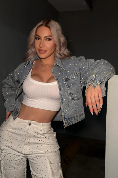 Women's Dazzling Rhinestone Pearl Embellished Denim Jacket