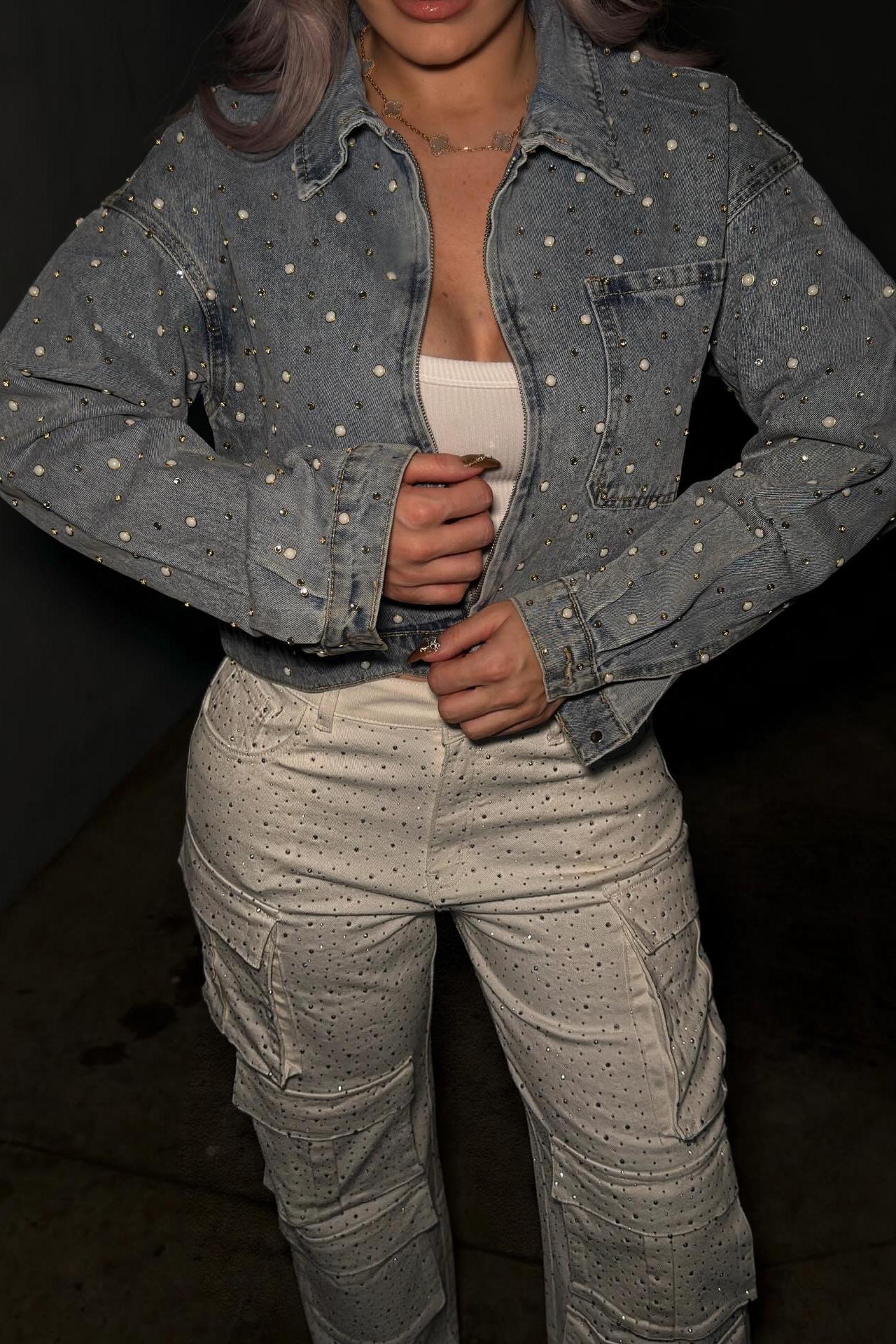 Women's Dazzling Rhinestone Pearl Embellished Denim Jacket