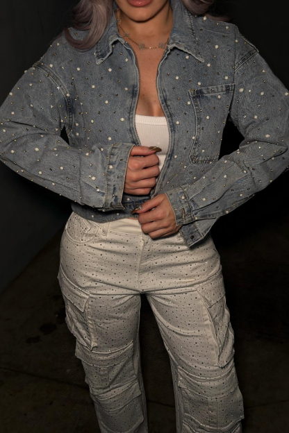 Women's Dazzling Rhinestone Pearl Embellished Denim Jacket