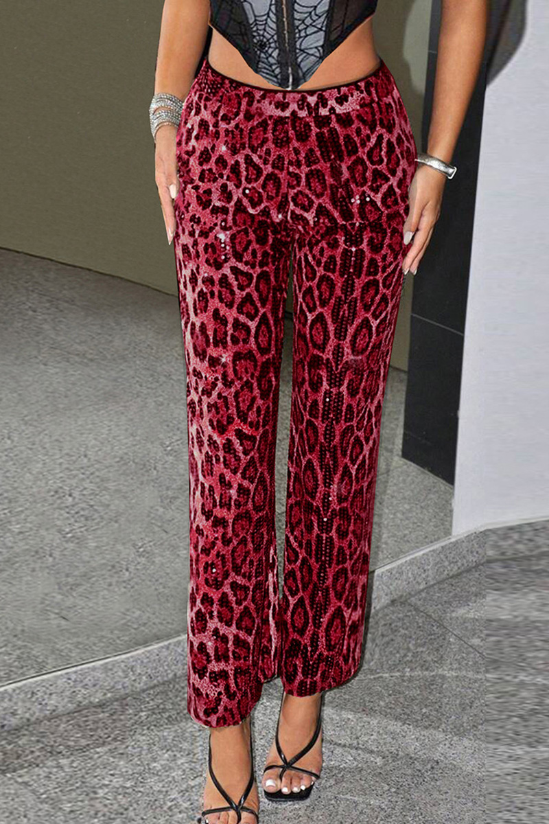 Women's Stretch Glitter Leopard Print Straight Leg Pants