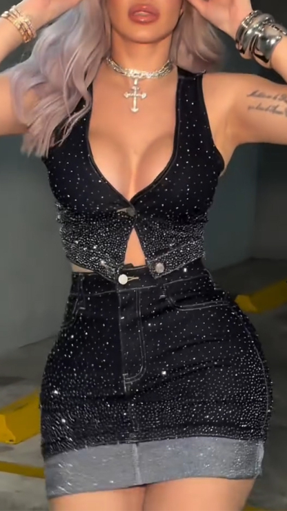 Women Rhinestone Top + Patchwork Midi Skirt Sexy Temperament Denim Set