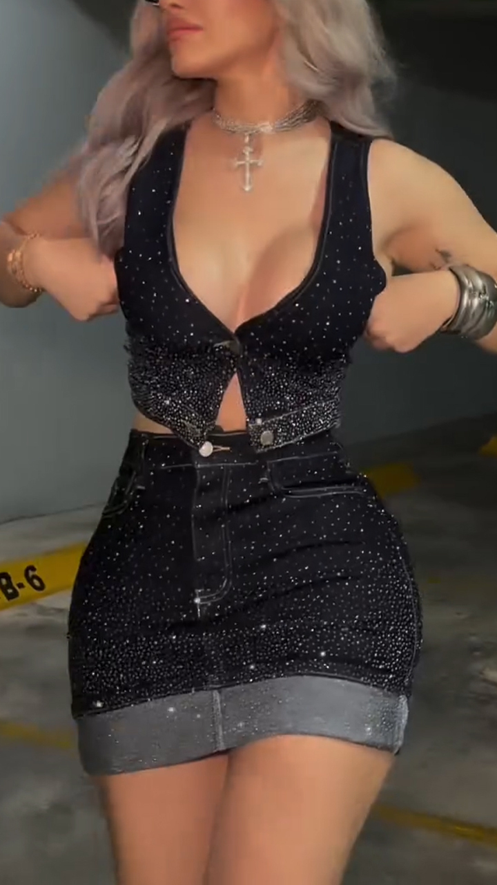 Women Rhinestone Top + Patchwork Midi Skirt Sexy Temperament Denim Set