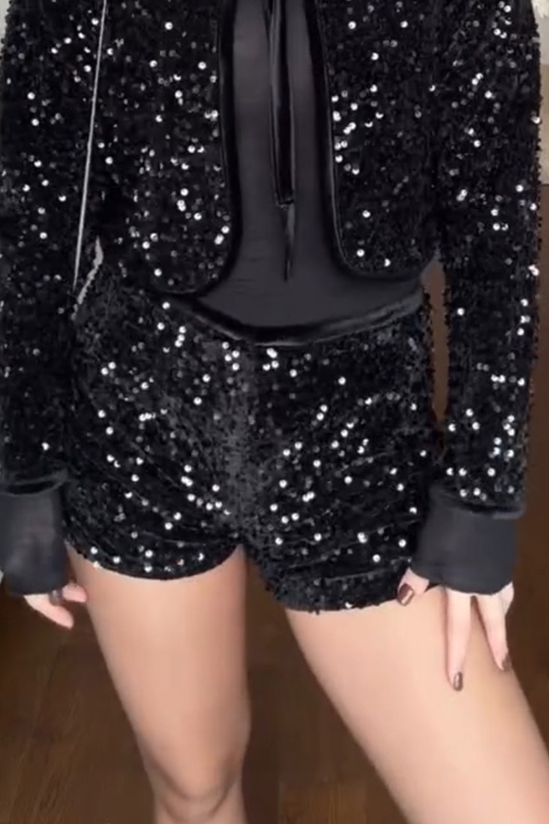 Lady's Glamorous  Neck-Tie Sequin Jacket And Shorts Sets