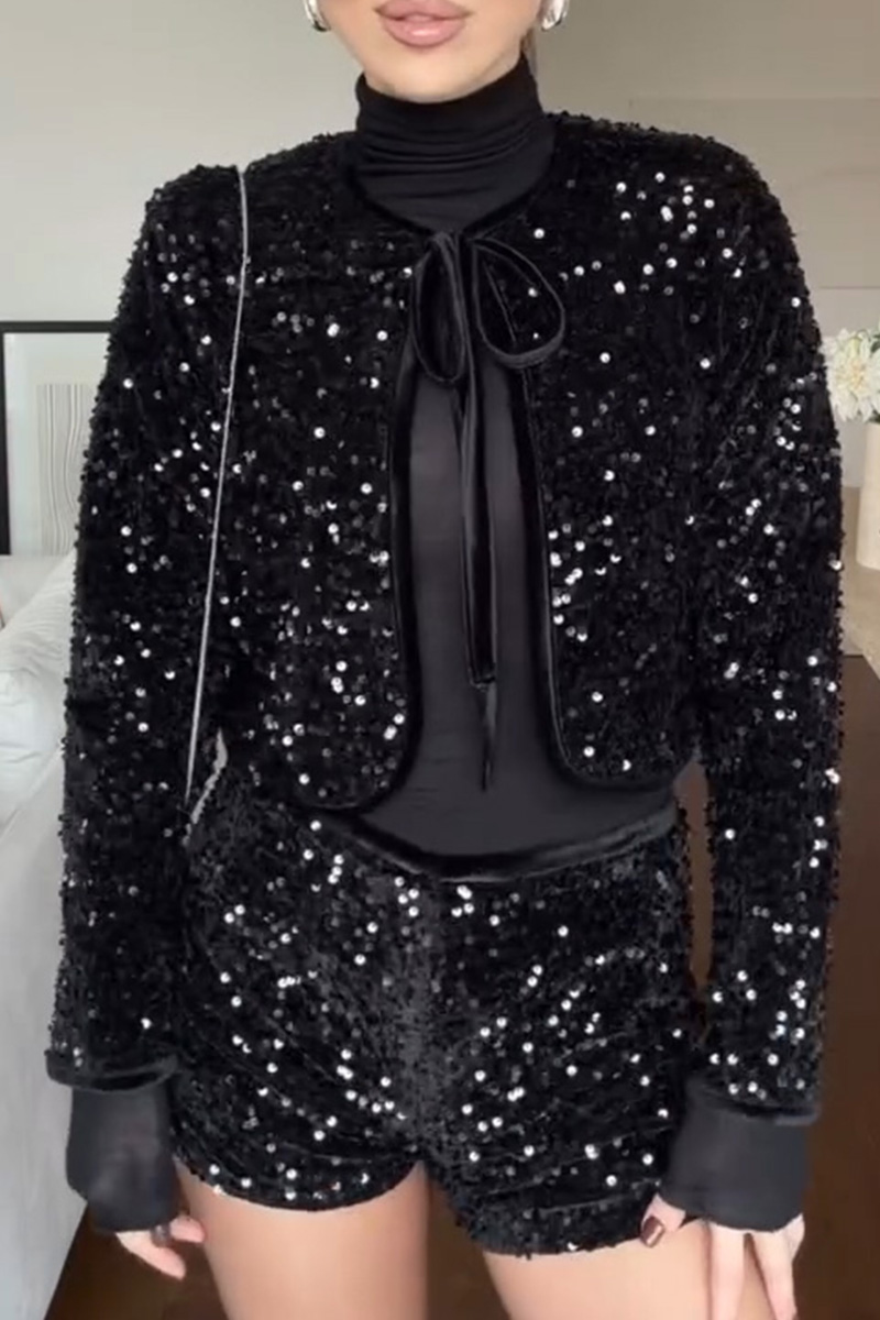 Lady's Glamorous  Neck-Tie Sequin Jacket And Shorts Sets