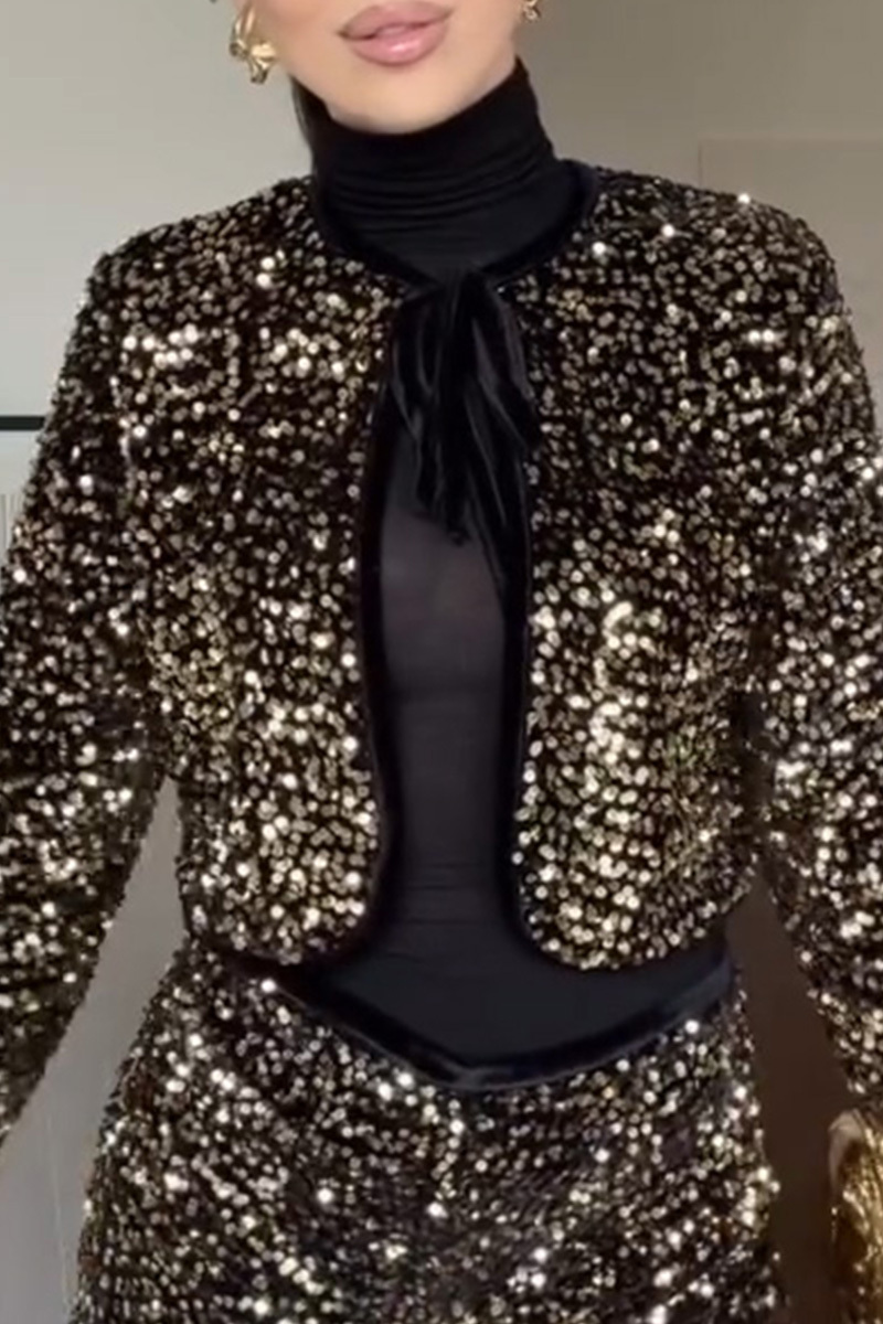 Lady's Glamorous Neck-Tie Sequin Jacket And Shorts Sets