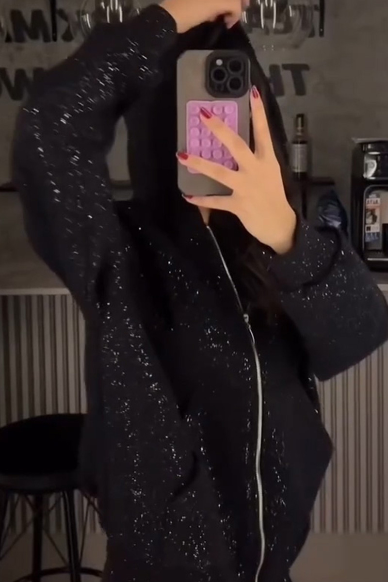 Women's Street Style Sparkle Hooded Jacket + Casual Sequin Pants Sets