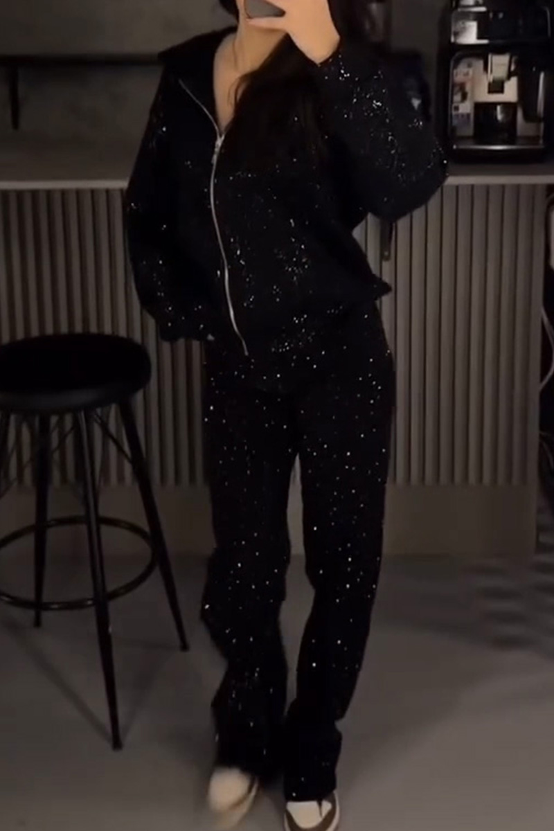 Women's Street Style Sparkle Hooded Jacket + Casual Sequin Pants Sets