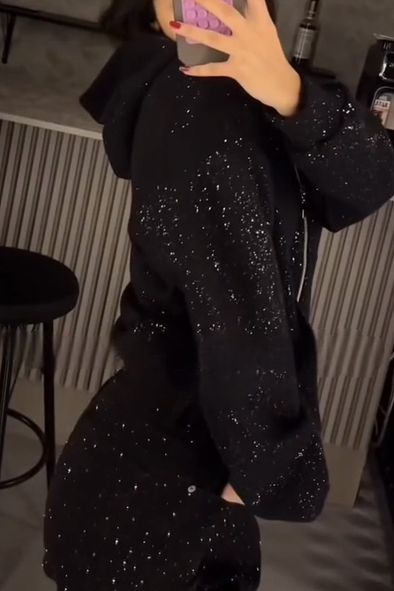 Women's Street Style Sparkle Hooded Jacket + Casual Sequin Pants Sets