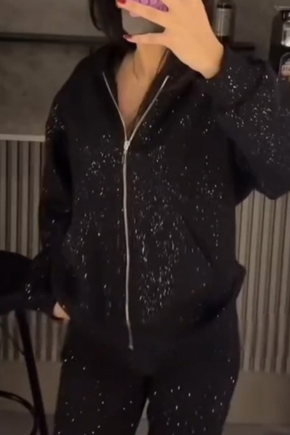 Women's Street Style Sparkle Hooded Jacket + Casual Sequin Pants Sets