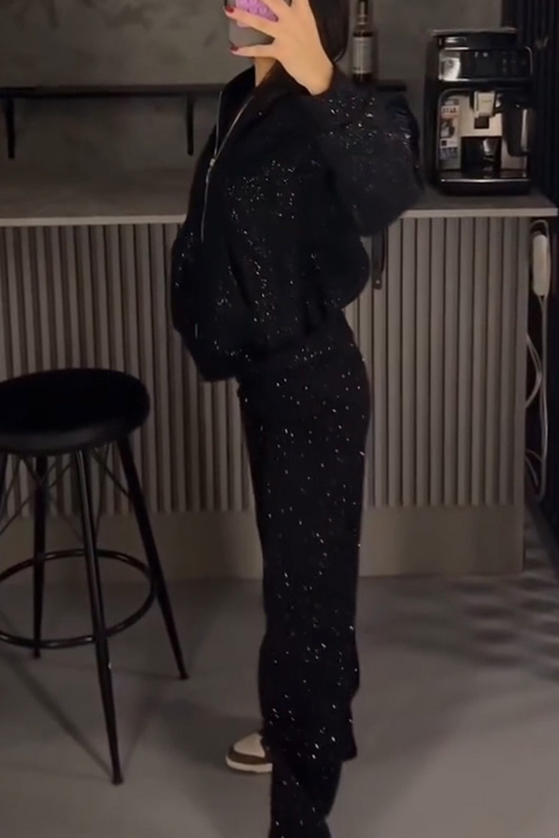Women's Street Style Sparkle Hooded Jacket + Casual Sequin Pants Sets