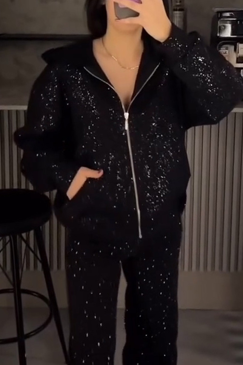 Women's Street Style Sparkle Hooded Jacket + Casual Sequin Pants Sets