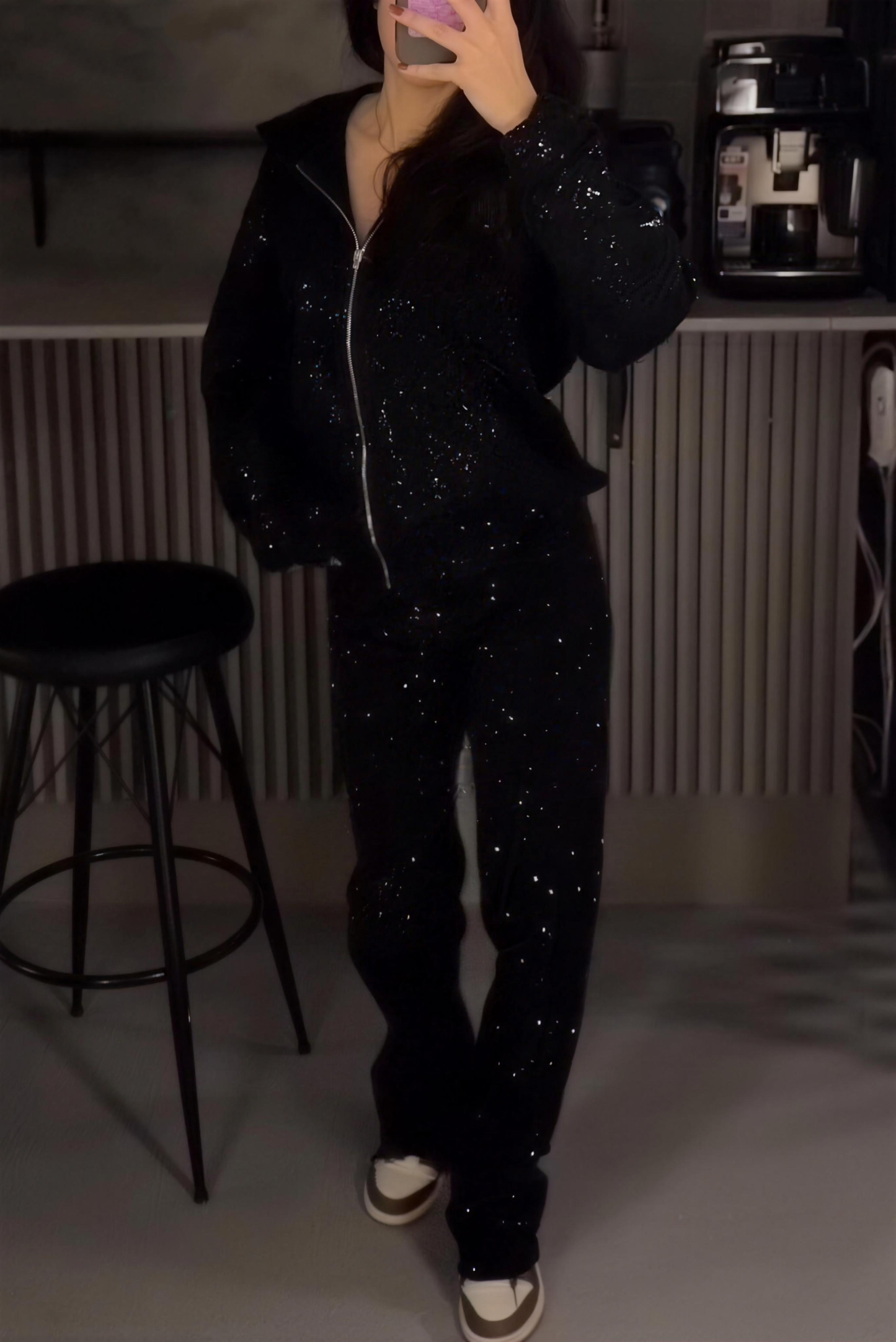 Women's Street Style Sparkle Hooded Jacket + Casual Sequin Pants Sets