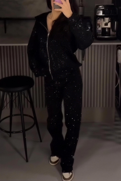 Women's Street Style Sparkle Hooded Jacket + Casual Sequin Pants Sets