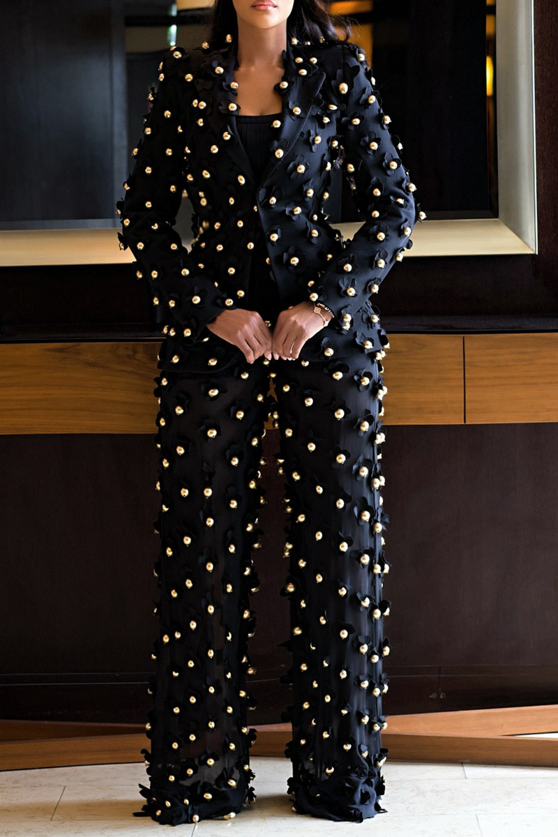 Women's Eye-catching Embroidered Floral Beaded Coat And Pants Sets