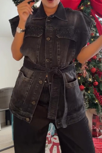 Women's Glam Crystal Lace-Up Belt Denim Vest
