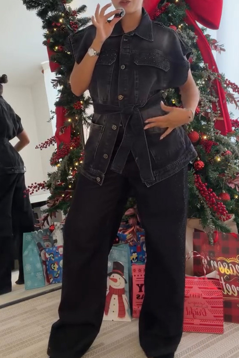 Women's Glam Crystal Lace-Up Belt Denim Vest