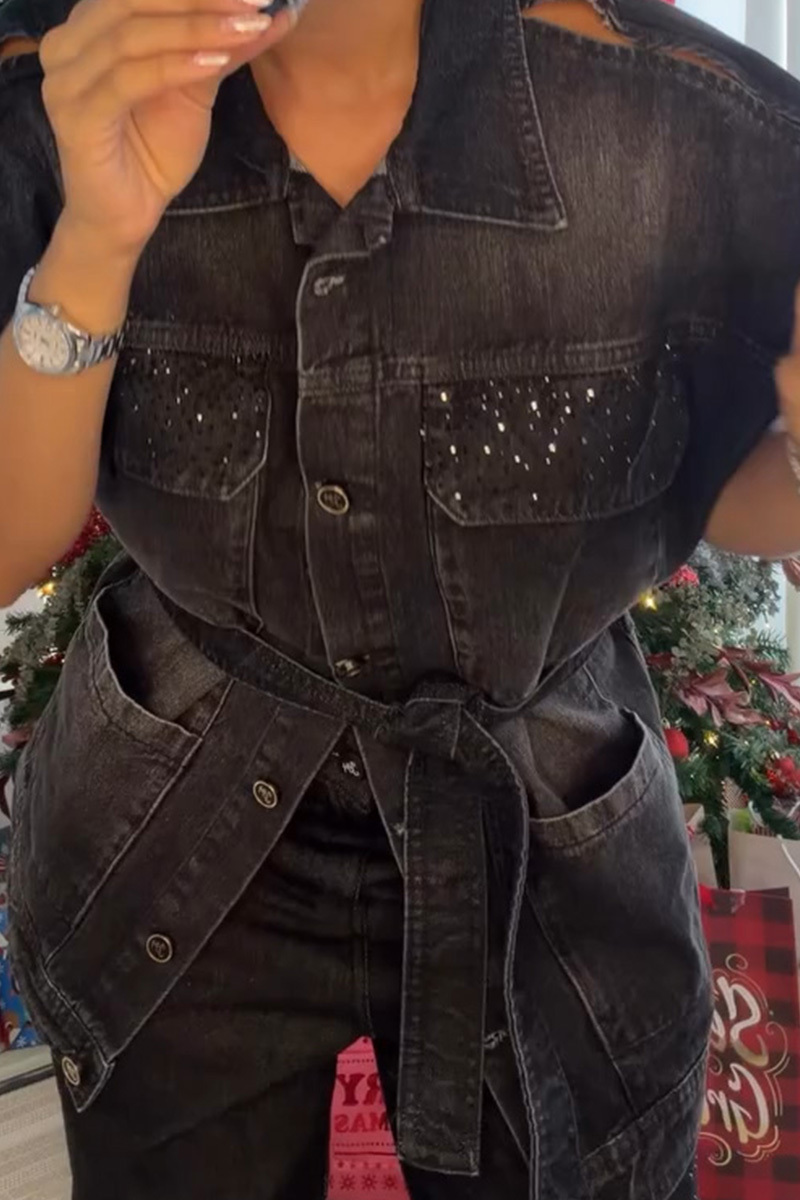 Women's Glam Crystal Lace-Up Belt Denim Vest