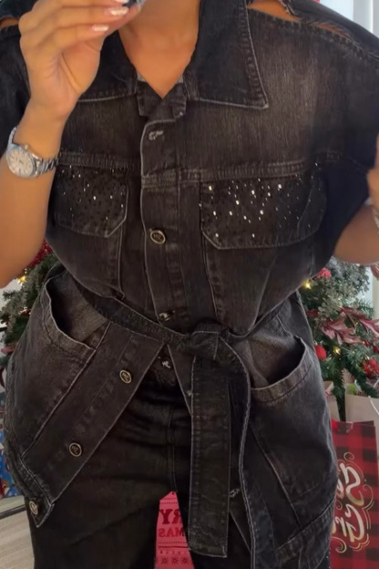 Women's Glam Crystal Lace-Up Belt Denim Vest