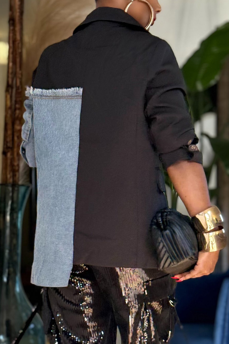 Women's Contemporary Asymmetric Hem Denim Patchwork Coat