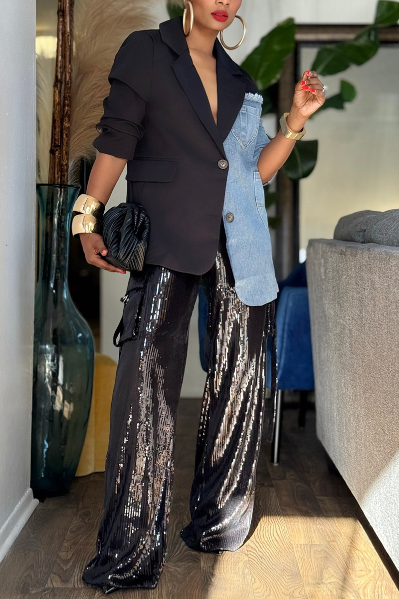 Women's Contemporary Asymmetric Hem Denim Patchwork Coat