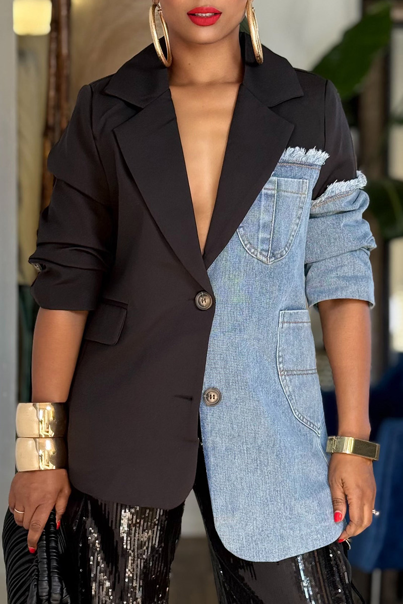 Women's Contemporary Asymmetric Hem Denim Patchwork Coat