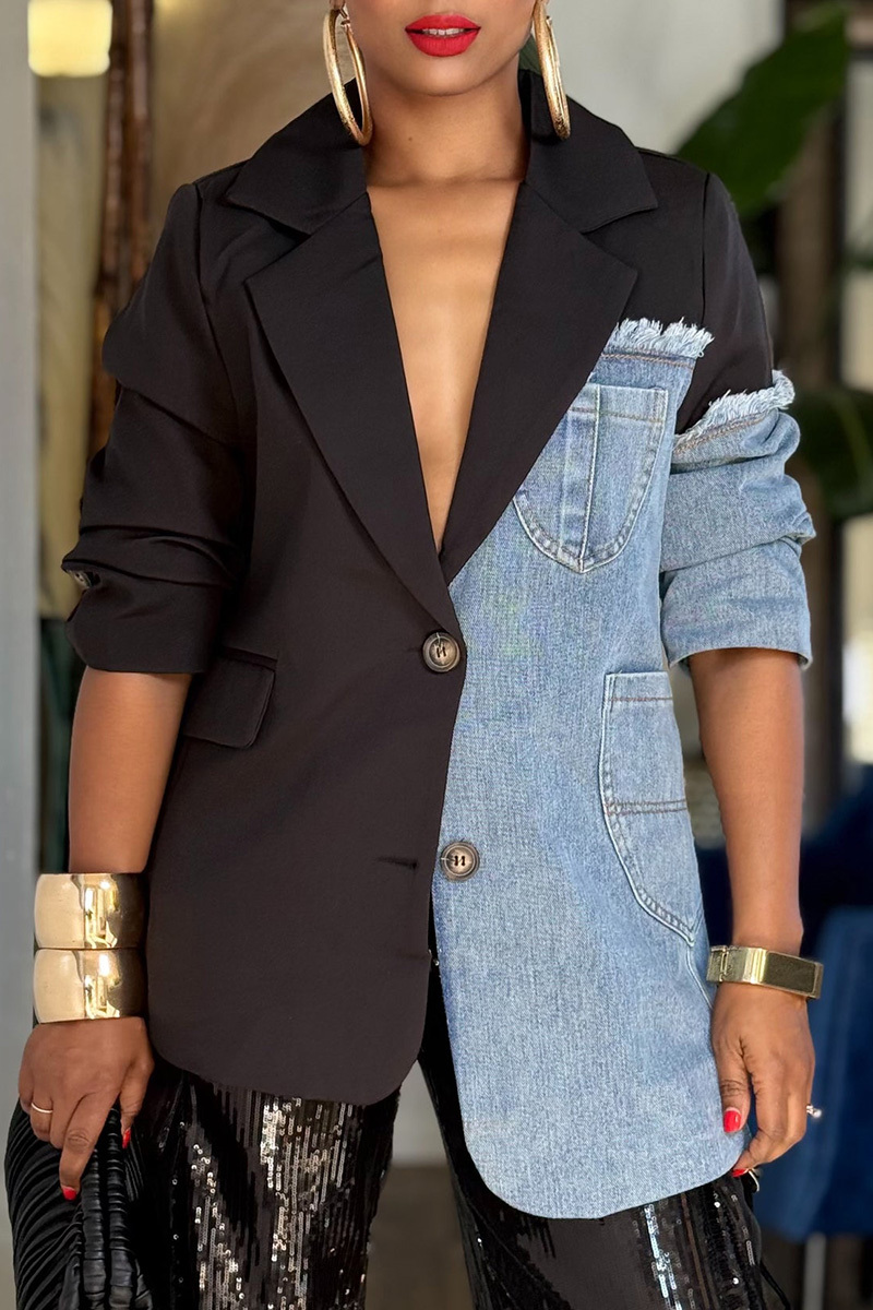 Women's Contemporary Asymmetric Hem Denim Patchwork Coat