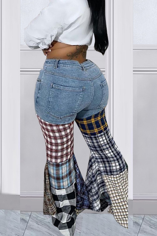 Women's Casual Fashion Patchwork Plaid Denim Jeans
