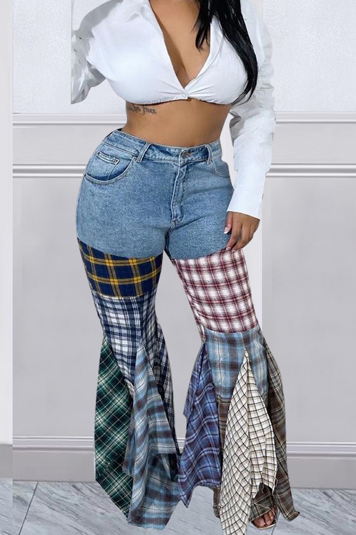 Women's Casual Fashion Patchwork Plaid Denim Jeans