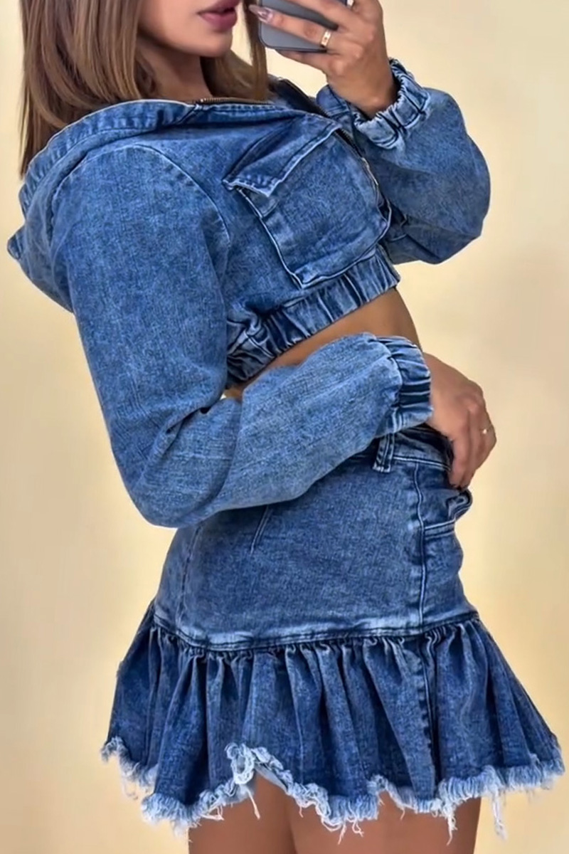 Women's Vintage Wash Hooded Jacket With Raw Hem Denim Skirt Sets