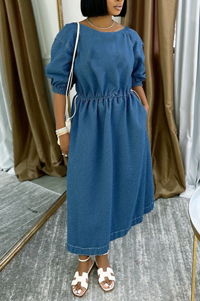 Women's Slouchy Crewneck Drawstring Denim Dress