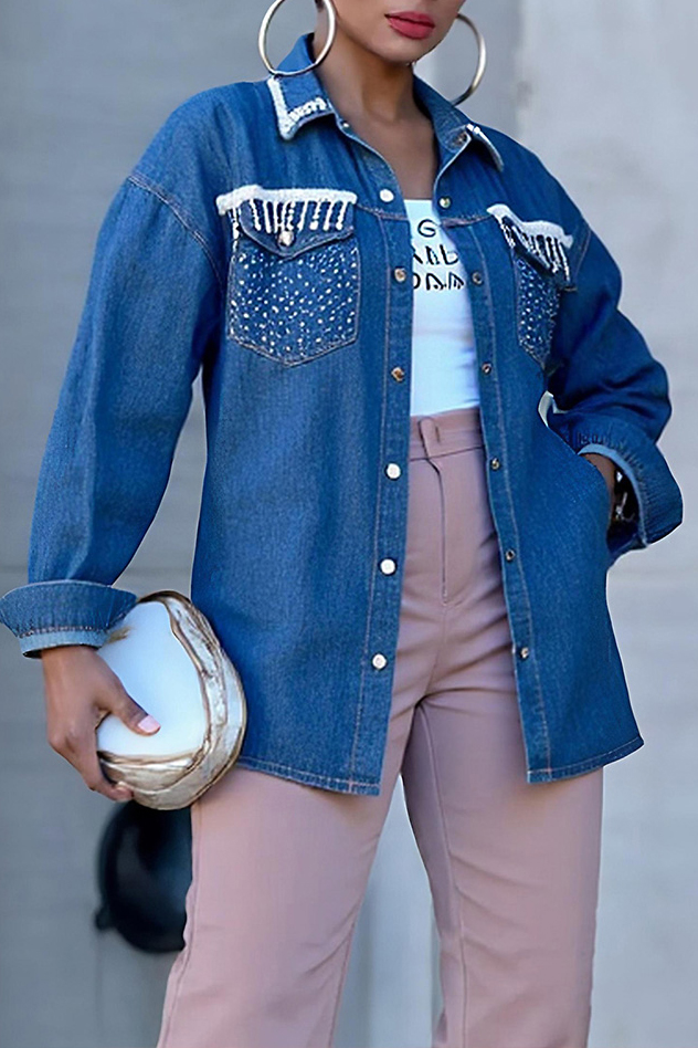 Distressed Denim Jacket With Crystal Pockets