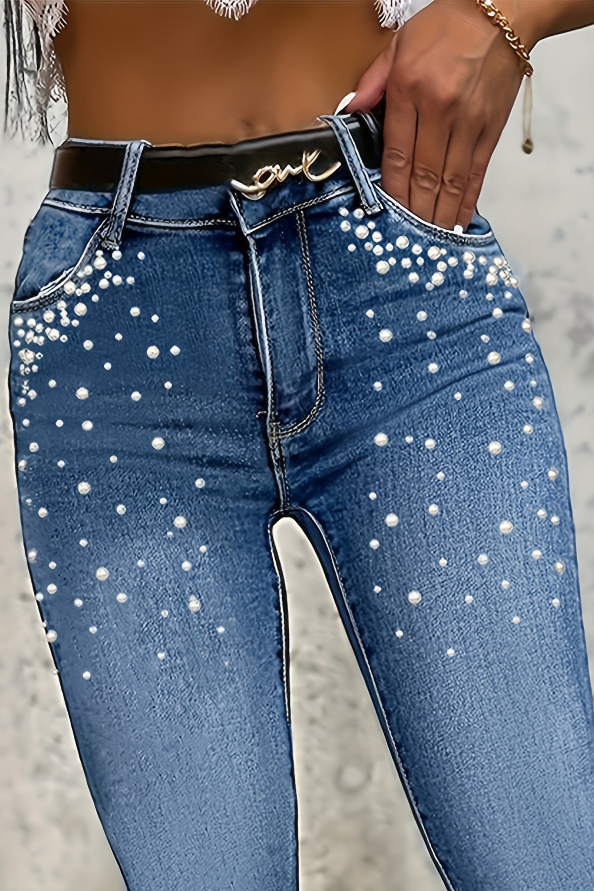 Women's Fashionable Street Style Beaded Skinny Jeans