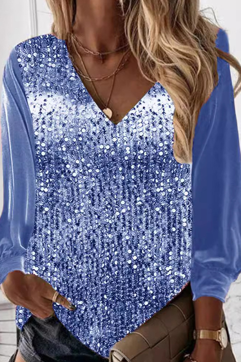 Women's V-Neck Loose Fit Sparkling Long Sleeve Shirt