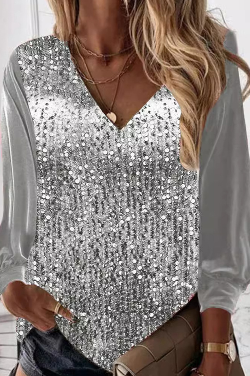 Women's V-Neck Loose Fit Sparkling Long Sleeve Shirt