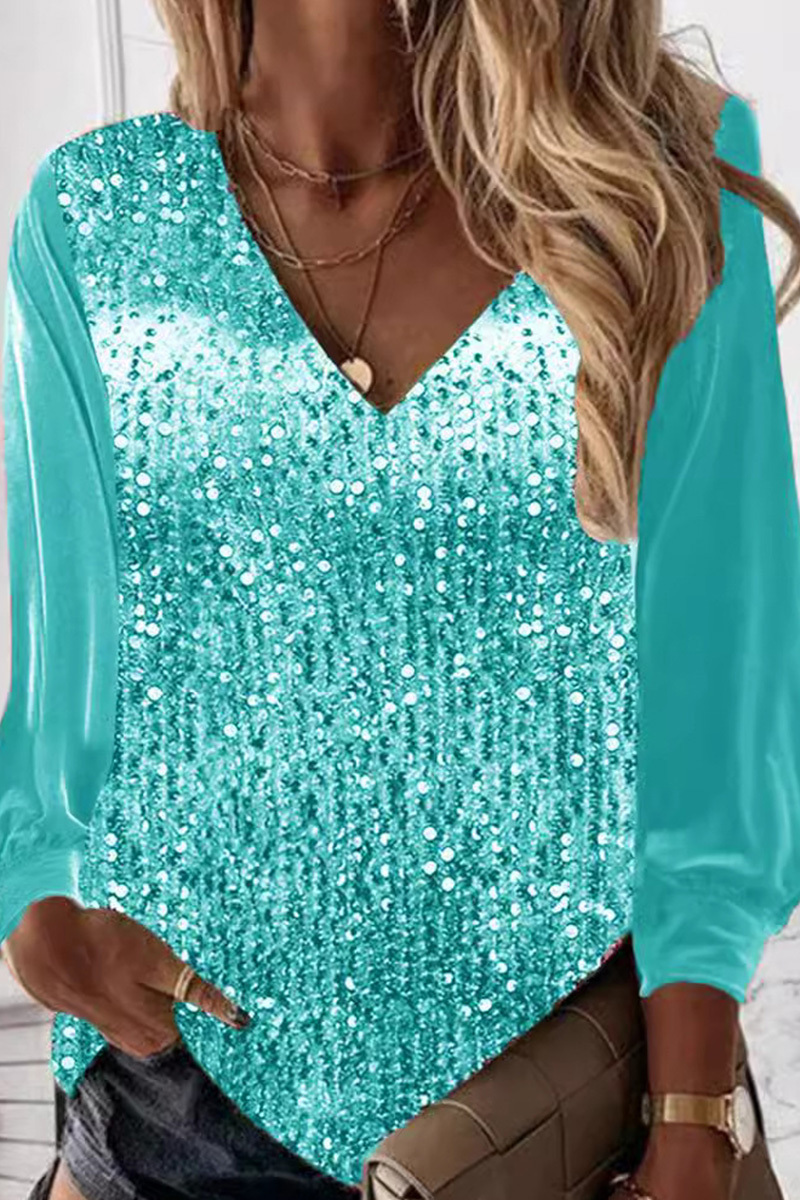 Women's V-Neck Loose Fit Sparkling Long Sleeve Shirt