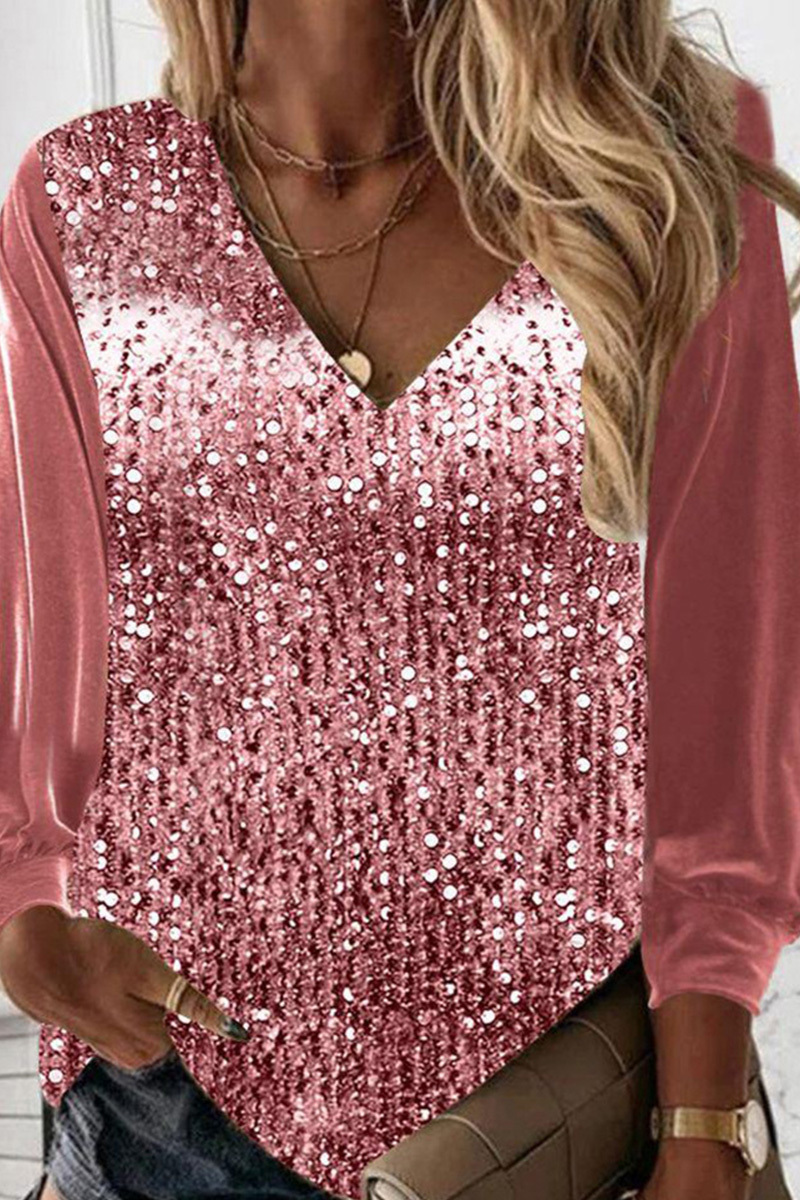 Women's V-Neck Loose Fit Sparkling Long Sleeve Shirt