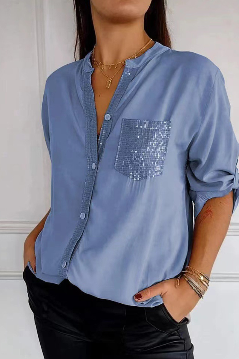 Women's Casual  Glitter Pocket Long Sleeve Button Down Shirt