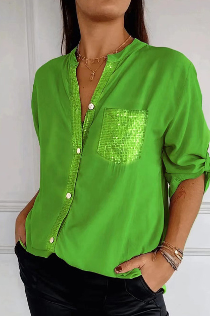 Women's Casual  Glitter Pocket Long Sleeve Button Down Shirt