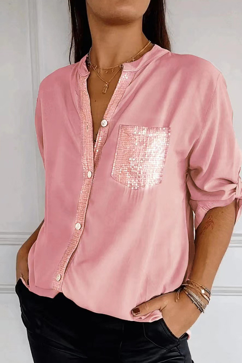 Women's Casual  Glitter Pocket Long Sleeve Button Down Shirt