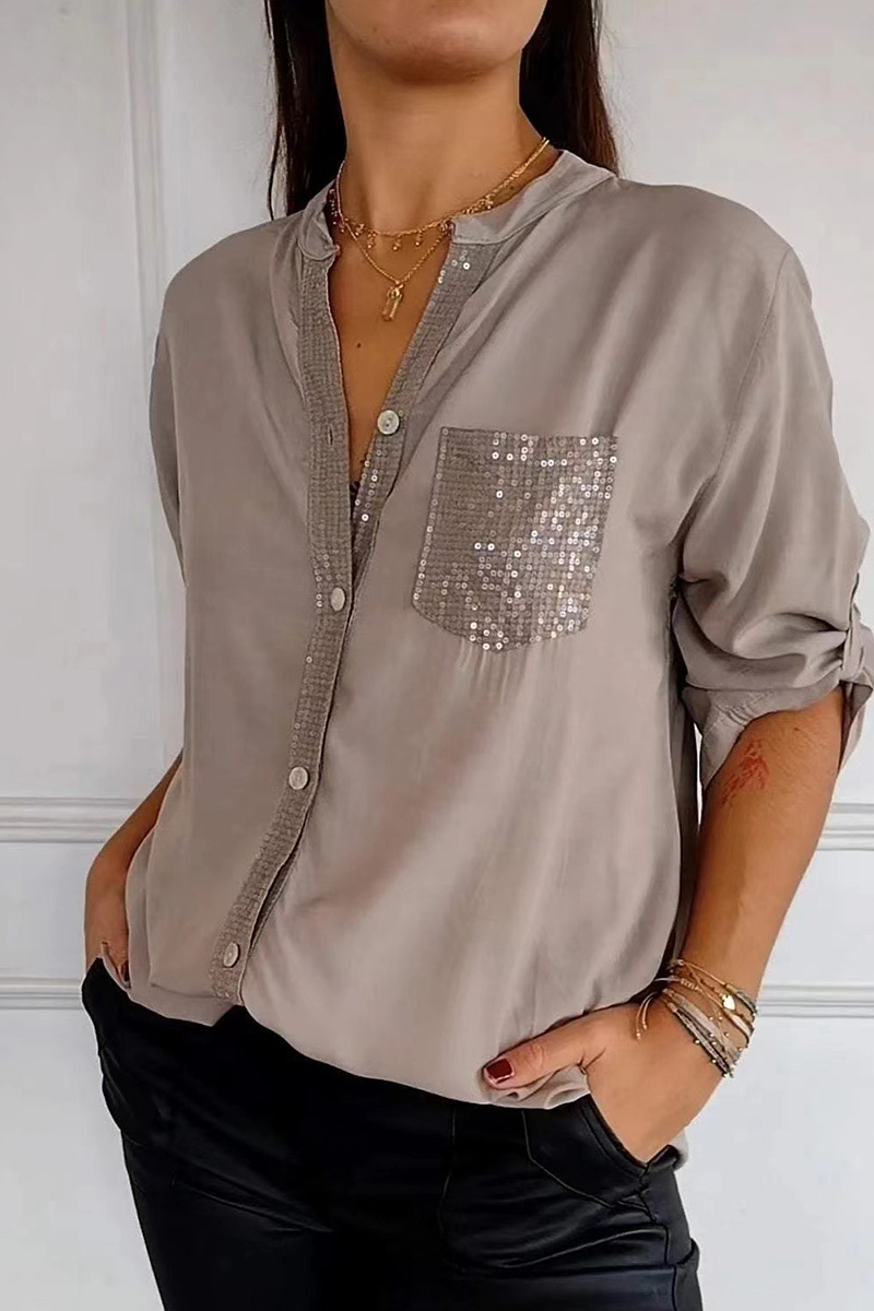 Women's Casual  Glitter Pocket Long Sleeve Button Down Shirt