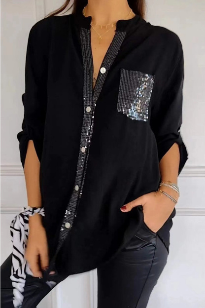 Women's Casual  Glitter Pocket Long Sleeve Button Down Shirt